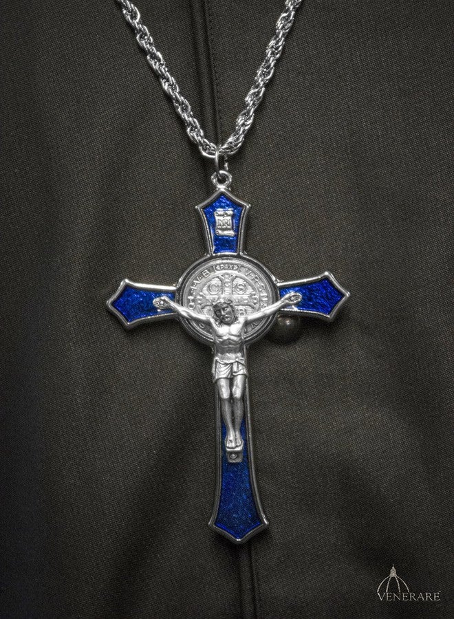 Venerare Large Saint Benedict Pectoral Cross with Colored Enamel (Blue) - Image 4